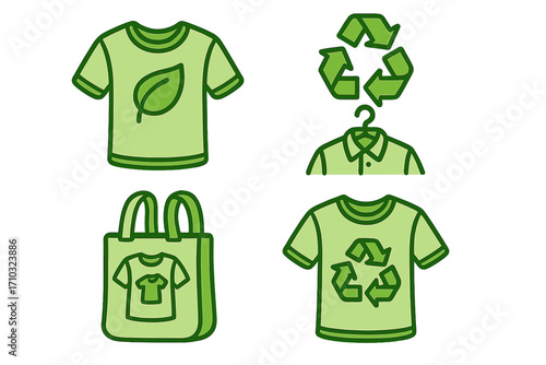 Sustainable fashion icon set. Eco-friendly, recycled clothing and slow fashion vector icons. Ethical production, circular economy and green garments concepts.