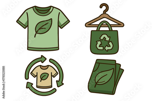 Set of eco-friendly clothing icons representing sustainable fashion. Vector concept of recycling, slow fashion, green apparel, and conscious consumption. Natural organic clothes.
