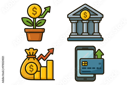 Financial growth icon set with investment, banking, digital transaction symbols. Vector money plant, bank, profit bag, mobile payment. Finance & economy cartoon concept.