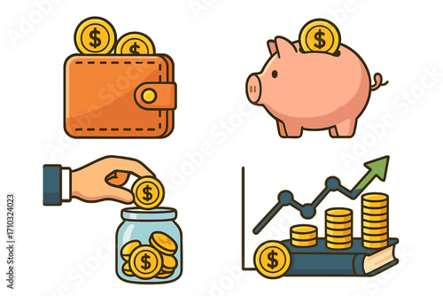 Financial literacy icon set illustrating money concepts. Savings, investment, and education. Vector with piggy bank, wallet, growth chart. Business finance cartoon symbol.