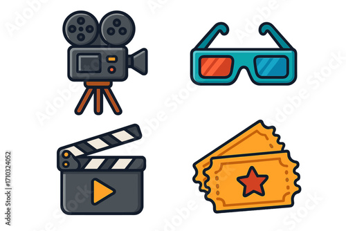 Cinema icons set. Film production elements vector. Movie camera, 3D glasses, clapperboard, tickets. Flat cartoon illustration for filmmaking, entertainment, video concept.