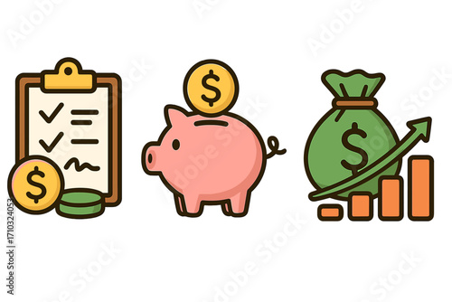 Financial management icon set illustrating budgeting, saving, and investment strategies. Vector graphic of money handling concepts like a piggy bank, checklist and growth chart.