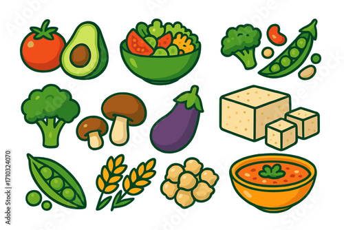 Plant-based food icon set. Vegan and vegetarian ingredients collection. Healthy eating concept with fresh vegetables, salad, tofu, beans, and soup. Vector cartoon graphic.