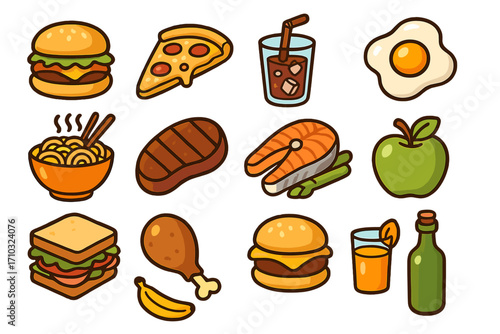 Food and drink icons set with burger, pizza, steak, salmon, noodles. Cute cartoon vector meal collection for restaurant menu. Fast food, breakfast, lunch, dinner items.