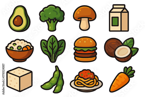 Vegan food icon set. Plant based diet ingredients collection. Healthy vegetarian food symbols. Avocado, broccoli, tofu, burger, spaghetti. Modern cartoon vector illustration.