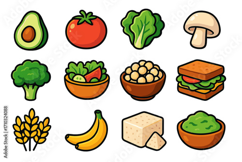Set of food icons for plant-based, vegan, and vegetarian diets. Modern graphic style vector cartoon illustrations of healthy ingredients and dishes like avocado, salad, and tofu.