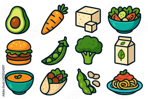 Vegan food icon set. Plant-based ingredients and meals. Healthy vegetarian diet symbols. Vector cartoon graphic collection of avocado, tofu, veggie burger, salad, and pasta.