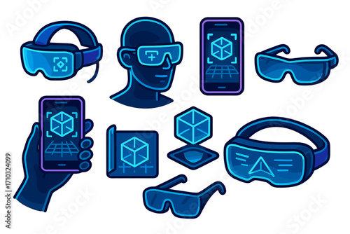 Augmented and virtual reality icon set. Collection of futuristic technology design elements with VR headset, AR smart glasses, and smartphone for metaverse innovation concepts.