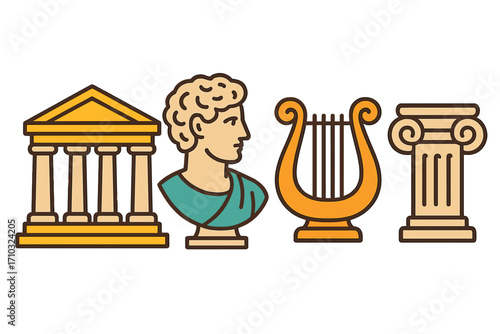 Set of classical icons. Ancient Greece and Rome symbols. Greek temple, Roman bust statue, music lyre, and ionic column. Vector illustration for history, culture, and art.