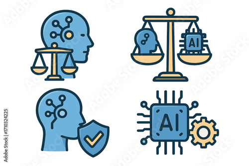 Artificial intelligence ethics and security icon set. Vector symbols for AI law, justice, balance, and technology. Metaphor for machine learning, regulation and trustworthy AI.