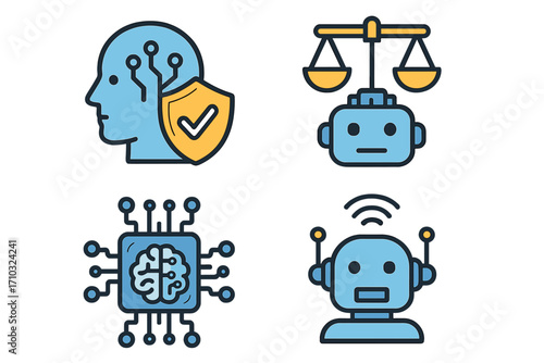 Artificial intelligence icon set. Vector concepts of AI ethics, robot law, data security, machine learning, and responsible technology. For web and graphic design.