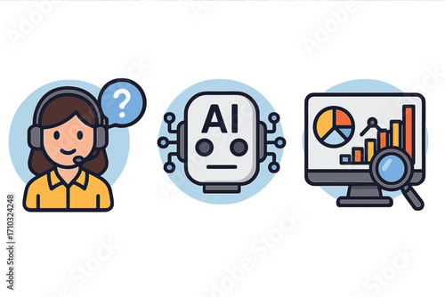 Customer support icon set with AI chatbot and data analytics. Vector illustration of helpdesk operator, artificial intelligence robot, and business intelligence dashboard.