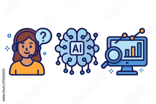 Customer support icon set with AI and data analytics. Vector illustration of a helpdesk operator, artificial intelligence brain, and business intelligence chart for analysis.