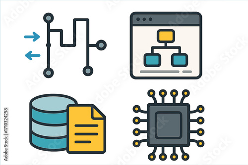 Data processing icon set. Digital signal, algorithm, database storage, and CPU chip. Technology concepts for UI design. Electronic system, sitemap, hardware. Vector cartoon.