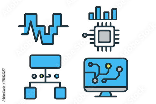 Technology icon set for data processing and analysis. Vector icons of digital signal, cpu microprocessor, flowchart diagram, and computer system interface for modern web design.