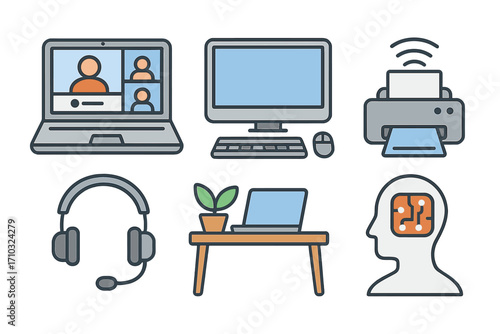 Set of modern office technology and remote work icons. Vector illustration for business, virtual meeting, home office, AI, freelance, computer, headset, online communication.