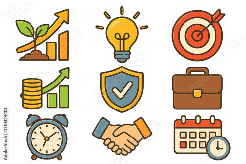 Business strategy and finance icon set. Symbols for growth, investment, idea, target goal, security, time management, partnership handshake, and schedule planning. Vector.