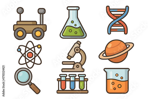 Science icon set for education and research. Vector cartoon illustration of rover, flask, DNA, atom, microscope, planet, magnifier, test tubes, beaker. Chemistry, biology.