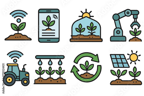 Innovative agricultural technology icons illustrating sustainable farming practices with smart farming equipment, irrigation systems, solar energy, crop monitoring, and automation vector cartoon set