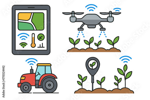 Smart farming technology icon set. Agricultural innovation with drone, autonomous tractor, soil sensor. Precision agriculture, agritech, IoT. Farm management vector icons.