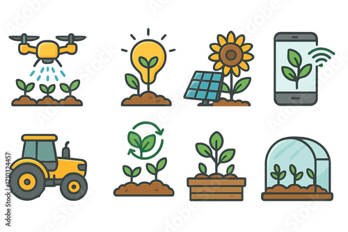 Innovative agricultural technology icons showcasing sustainable farming practices, modern equipment, renewable energy, smart farming, green growth, eco-friendly agriculture vector cartoon set
