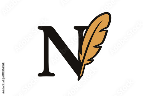 Notary letter N logo with quill feather icon, vintage writing pen symbol, elegant calligraphy emblem, cartoon vector illustration with transparent background for legal documents and certification