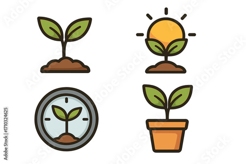 Growth and time management plant icons, digital wellness symbols for better life balance, vector cartoon illustration with green leaves, soil, sun, and clock elements, transparent background