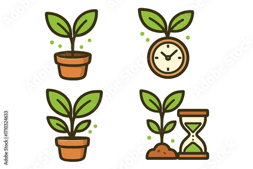 Plant icons symbolizing growth and time management in digital wellness tools for achieving a balanced life, cartoon vector set with transparent background, nature and productivity concept