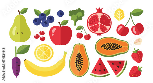 A vibrant collection of fresh and healthy fruits and vegetables arranged artistically.