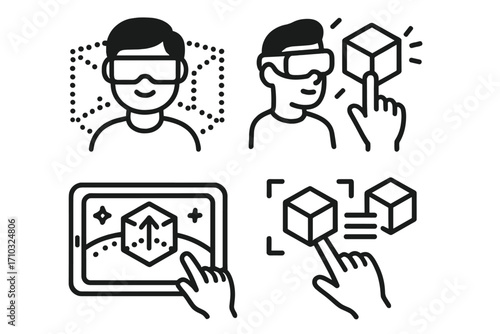 Augmented reality icons set illustration, virtual interaction with 3D digital cubes, technology interface, VR goggles user, futuristic digital experience, touchscreen and hologram graphics