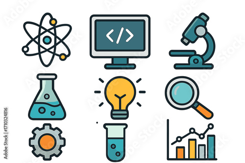 Science technology research symbols vector cartoon illustration with atom microscope coding flask lab gear magnifying glass data analysis concept modern design transparent background ordered set