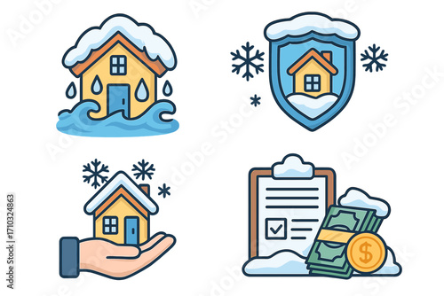 Various icons representing winter home insurance concepts including water damage protection, property security, financial documents, and snow-covered houses in colorful vector cartoon illustration