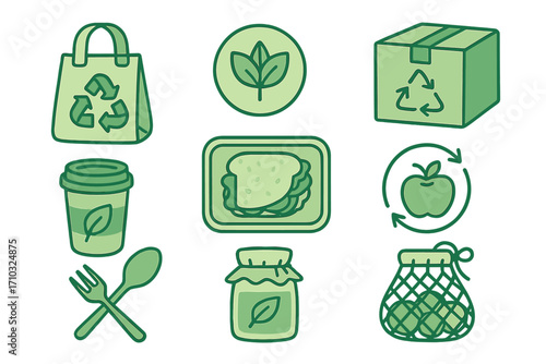 Various eco-friendly icons representing sustainable packaging, food storage, reusable bags, recycling symbols, biodegradable containers, and zero waste lifestyle in modern cartoon vector illustration