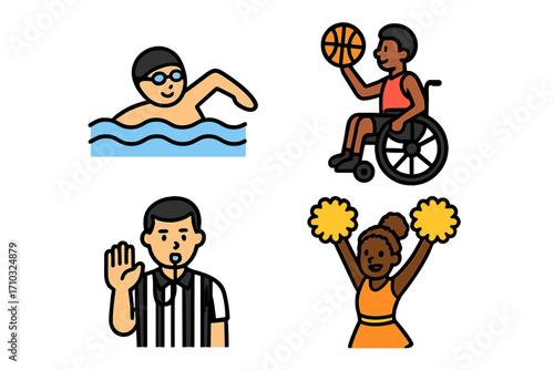 Inclusive sports icons vector set featuring swimming, wheelchair basketball, refereeing, and cheerleading illustrations in cartoon style emphasizing diversity and activity