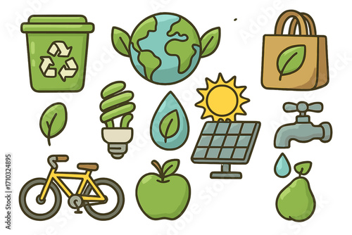 Sustainable lifestyle icons promoting eco-friendly living, recycling, renewable energy, water conservation, green transportation, organic food, and clean environment illustration set