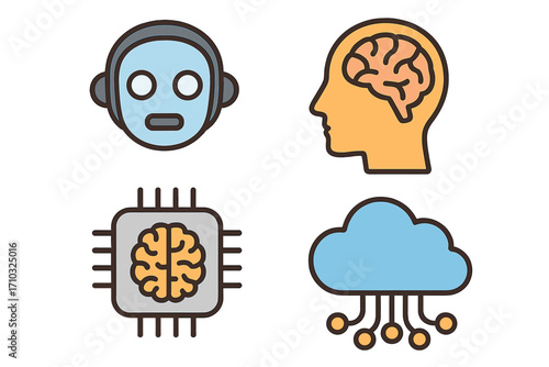 Visual representation of artificial intelligence concepts and cloud computing technology icons, brain, robot head, AI chip, digital cloud network, educational vector cartoon illustration