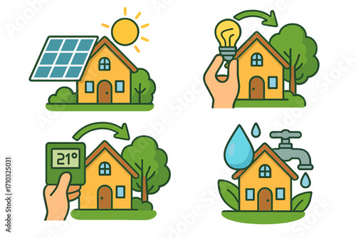 Visual guide illustrating sustainable home management practices for energy efficiency, solar power, water conservation, smart thermostat control, and eco-friendly living, vector cartoon illustration