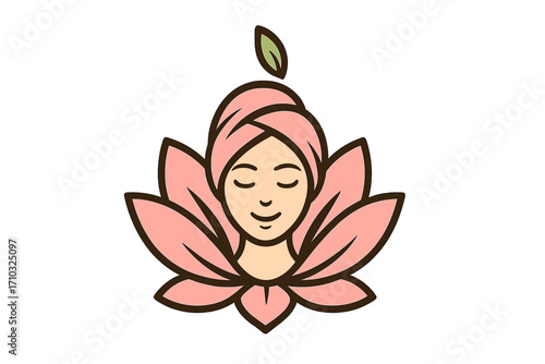 Abstract woman face logo with pink lotus flower petals, spa wellness and beauty concept, serene female portrait with floral elements, meditation vector illustration
