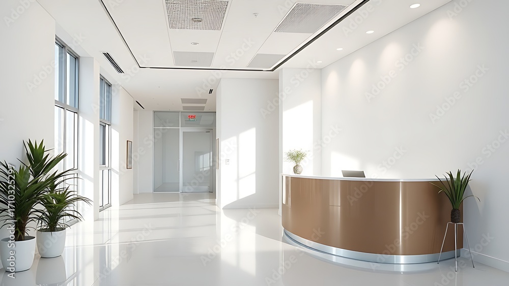Fototapeta premium Bright and modern office reception area with clean white walls and natural lighting.