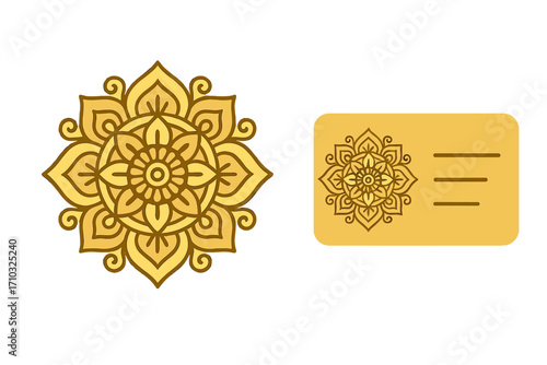 Elegant luxury flower logo design with detailed mandala petals, decorative floral emblem, vector cartoon illustration business card set, transparent background, ornate pattern