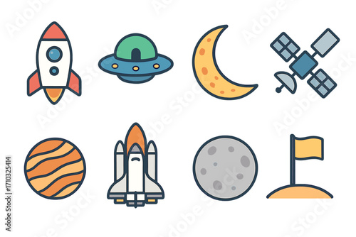 Flat style vector illustration of 8 space icons including rocket, spaceship, UFO, crescent moon, satellite, planet, space shuttle, and flag on lunar surface, science and technology design