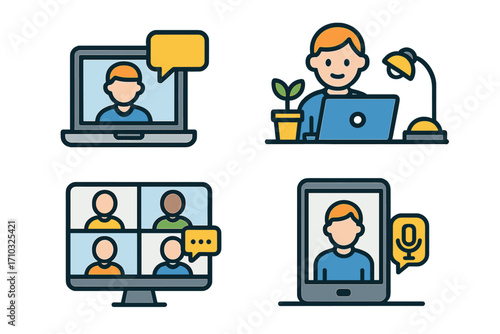 Technology icons representing remote work and virtual meetings in modern workspace setting, cartoon vector illustrations, video call, online conference, telecommuting concept, digital communication