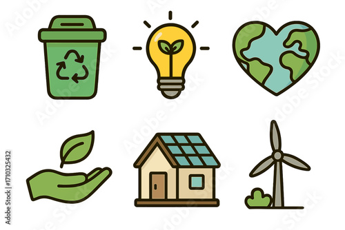 Sustainability icons representing eco-friendly practices, renewable energy solutions, green living, recycling, solar power house, wind turbine, environmental care concepts, vector cartoon illustration