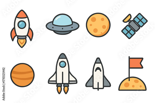 Vector illustration of 8 flat style space icons including rocket, spaceship, UFO, moon, satellite, planet, shuttle, flag on surface, futuristic technology, cosmic exploration, science symbols