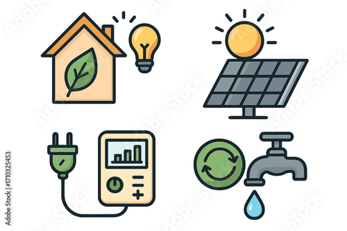 Visual guide illustrating sustainable home management practices for energy efficiency, solar power, water conservation, eco-friendly technology, and renewable resources. Vector cartoon illustration