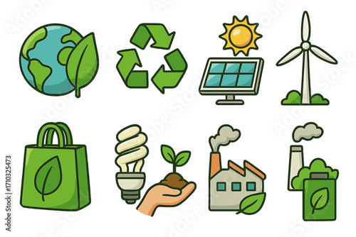 Sustainability icons representing eco-friendly practices and renewable energy solutions for a greener future with green earth, recycling, solar power, wind energy, energy-saving, and eco packaging
