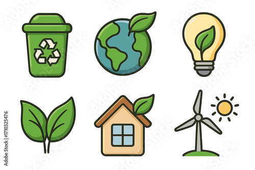 Sustainability icons representing eco-friendly practices, renewable energy solutions, green earth, recycling, clean energy, and environmental awareness, vector cartoon illustration