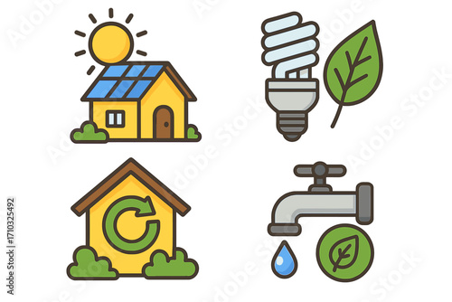 Visual guide illustrating sustainable home management practices featuring energy efficiency with solar panels, eco-friendly lighting, water conservation, and recycling symbols in vector cartoon style