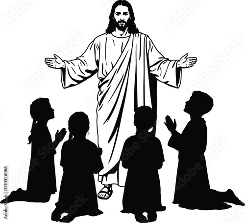 Jesus with Children – Black and White Religious Vector Illustration of Prayer, Devotion, and Spiritual Guidance