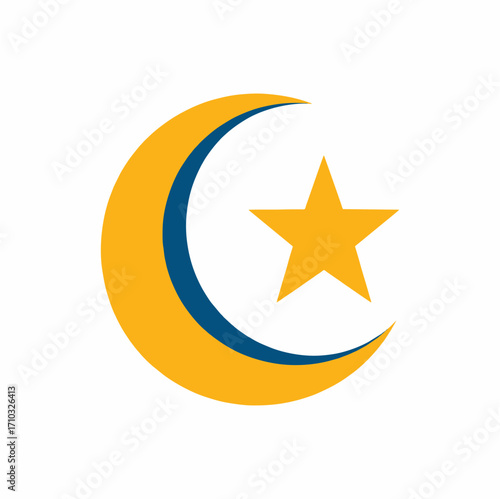 Crescent moon and star icon vector, dark blue color palette with mustard